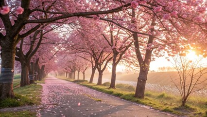 Fototapeta premium Cherry Blossom Tunnel A Serene Pathway Under Pink Blooms, Sunlight and Petals