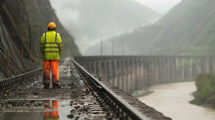 Naklejka premium Railway Worker in Rain, Overlooking Industrial Landscape