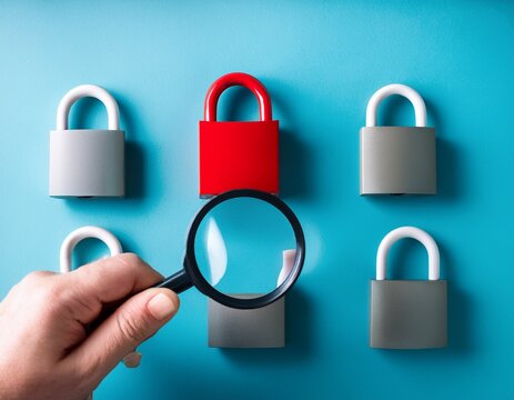 hand with magnifying glass focusing on a red padlock among gray ones represents security audit vulnerability scanning or finding weak spots conceptual and minimalist