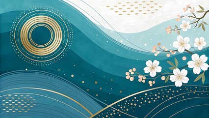 Abstract teal waves with gold accents and cherry blossoms