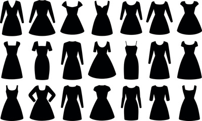 Collection of black dress silhouettes featuring various necklines and sleeve lengths