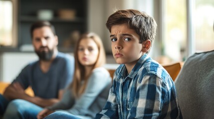A young boy looks upset and distant while his parents sit blurred in the background, indicating family tension or emotional conflict.