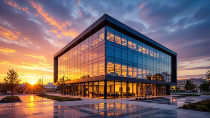 Fototapeta premium Modern glass office building gleams against a stunning sunset with vibrant colors reflecting off the wet plaza