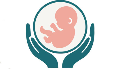 Vector illustration of a fetus inside a womb held gently by two hands in a circular frame, symbolizing prenatal care, maternal protection, unborn child safety, and medical support, ideal for pregnancy