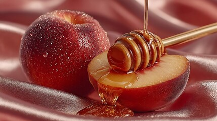 Close-up of peaches with honey dripping from a dipper on a pink satin fabric background view