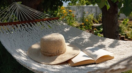 A straw hat and an open book rest on a white hammock in a sunny outdoor garden setting with trees