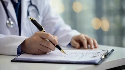 Physician meticulously taking patient notes with a gold pen in a medical office, emphasizing accurate documentation and healthcare professionalism