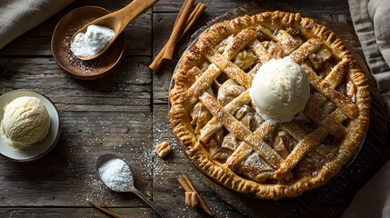 Overhead view of apple pie with lattice crust and ice cream on a rustic wooden surface with cinnamon