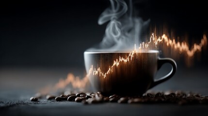 A steaming cup of coffee with a stock market graph overlay and coffee beans on a dark surface