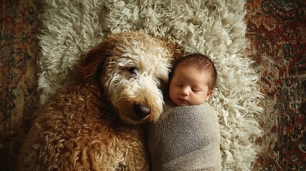 A newborn baby sleeping next to a fluffy goldendoodle on a textured rug in soft natural light