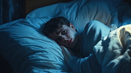 A young man lies awake in bed at night, looking troubled and unable to sleep under dim, bluish lighting.
