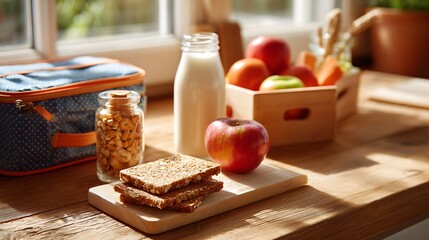 A breakfast on the kitchen counter featuring fresh bread, an apple, a bottle of milk, and a jar of nuts, with a lunchbox in the background