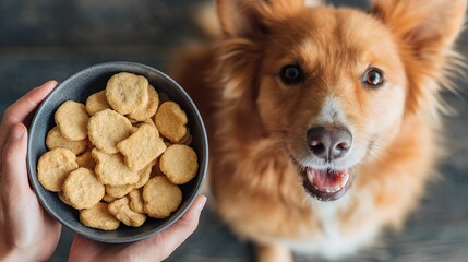 Close-up of a cute brown and white puppy with its tongue out and some dog cookies in a bow