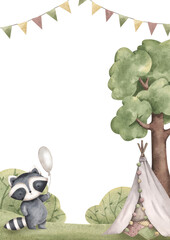 Woodland friends. Watercolor hand-drawn frame with funny raccoon in a forest glade, children's hut, tree, bushes and flags. Themplate card for design baby shower, birthday, nursery.