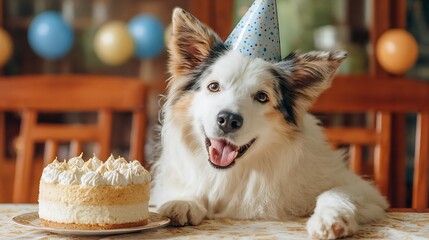 A happy dog wearing a birthday hat, sitting at a table with a cake in front of it on a plate