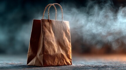 A brown paper shopping bag with rope handles on a dark surface with a smoky background effect