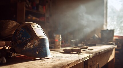 Welding helmet rests on a cluttered workbench bathed in sunlight in a workshop setting indoors