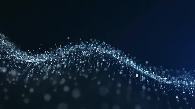 Abstract dark blue background showing a field of white particles connected to form a smooth, wavy digital wave representing connection, technology, and science.