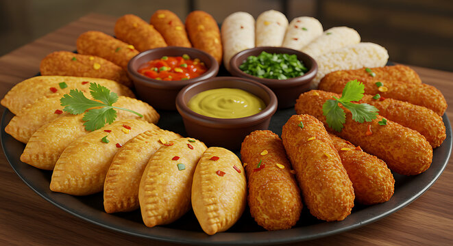A colorful platter of assorted fried bar snacks including mini past&eacute;is, mandioca frita, and torresmo, served with spicy dipping sauces.
