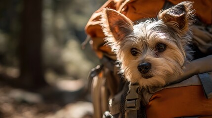 A small dog with pointy ears sits in a backpack in the forest with a blurred background of trees