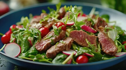 Fresh vegetable salad with veal, spinach and radish. In a blue plate.