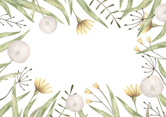 Woodland friends. Watercolor hand-drawn frame with wildflowers - dandelions, small flowers and blades of grass. Themplate card for design baby shower, birthday, nursery.