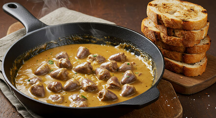 Creamy chicken heart stew in a rich sauce, served piping hot in a cast-iron pan with toasted bread on the side.