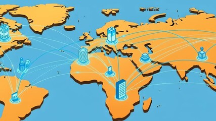 Global Connectivity Network Map Illustration with Geographical Regions in Orange and Blue