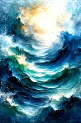 Sunlit Celestial Ocean Waves in Abstract Light, Dreamlike Flow of a Cosmic Sea -Generative AI
