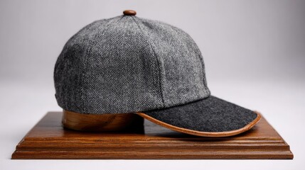 Gray herringbone baseball cap with brown leather visor.