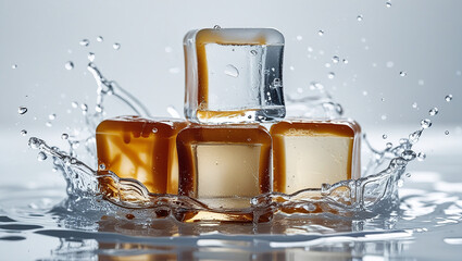 Close-up view of four ice cubes surrounded by splashing water against a pristine white background.