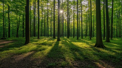 Obraz premium Sunlight filtering through a dense forest.