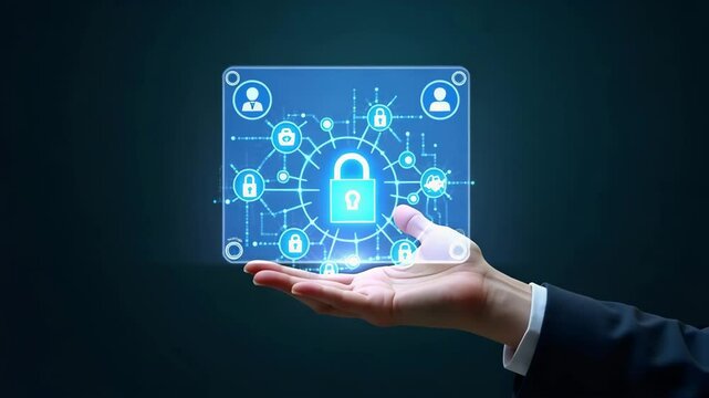 Hand Holding Holographic Zero Trust Security Model: Visualizing Cybersecurity Principles with Network Access Icons in an Empty Space Concept
