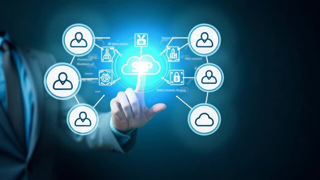 Hand interacting with holographic SAP system interface displaying SAP Application Products business process automation AI integration cloud computing icons symbolizing modern enterprise solutions in e