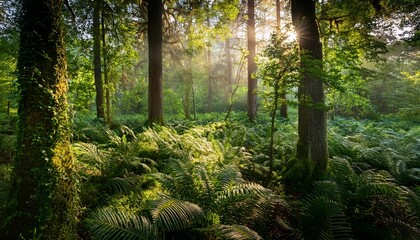 Obraz premium a lush forest scene with trees and greenery bathed in sunlight