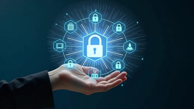 Hand Holding Holographic Zero Trust Security Model Interface Surrounded by Cybersecurity Icons Symbolizing Secure Network Principles in Empty Space Concept