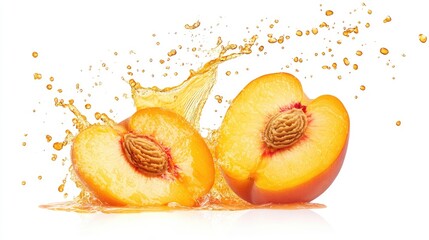 Fresh peach halves with juice splashing isolated on white.