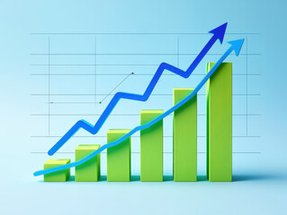Obraz premium Bar Graph with Upward Arrows on Grid Background Showcasing Business Growth, Financial Performance, and Positive Trends in Data Analysis and Market Development