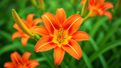 Fototapeta premium Close-up of a single, bright orange daylily flower in full bloom, surrounded by other blossoms and lush green foliage. Perfect for nature, floral, and summer designs.
