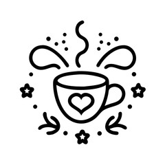 Steaming Coffee Cup with Heart Design: Cute, Whimsical Line Art Illustration
