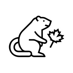 Groundhog with Maple Leaf: Line Art Icon, Autumn, Wildlife, Nature, Simple, Black and White