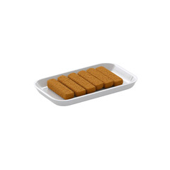 Rectangular golden-brown fish fingers are neatly aligned on a pristine white rectangular tray
