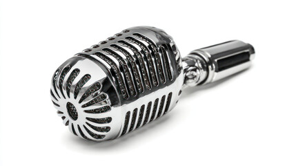 Vintage chrome microphone angled on white