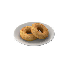 Two toasted sesame seed bagels sit side-by-side on a clean, white plate, transparent background