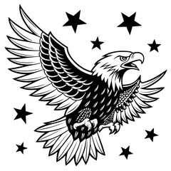 Powerful Black and White Eagle Soaring with Stars; Bold, Patriotic, Vintage Style Illustration.
