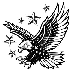 Obraz premium Patriotic Bald Eagle Tattoo Design: Black and White Vector Illustration with Stars