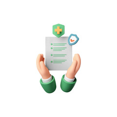 Cartoonish set of hands, holding a document. Above the document are icons signifying approval and insurance coverage, ideal for representing insurance, compliance, or secure business practices
