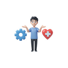 A medical worker, next to him are two medical symbols: a blue gear icon symbolizing medical production and a red heart icon with a white cross symbolizing healthcare and safety