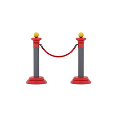 A stanchion barrier composed of two red and gray posts connected by a suspended red rope,  transparent background