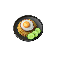 A plate of delicious fried rice, topped with a perfectly cooked egg and a portion of sliced cucumbers